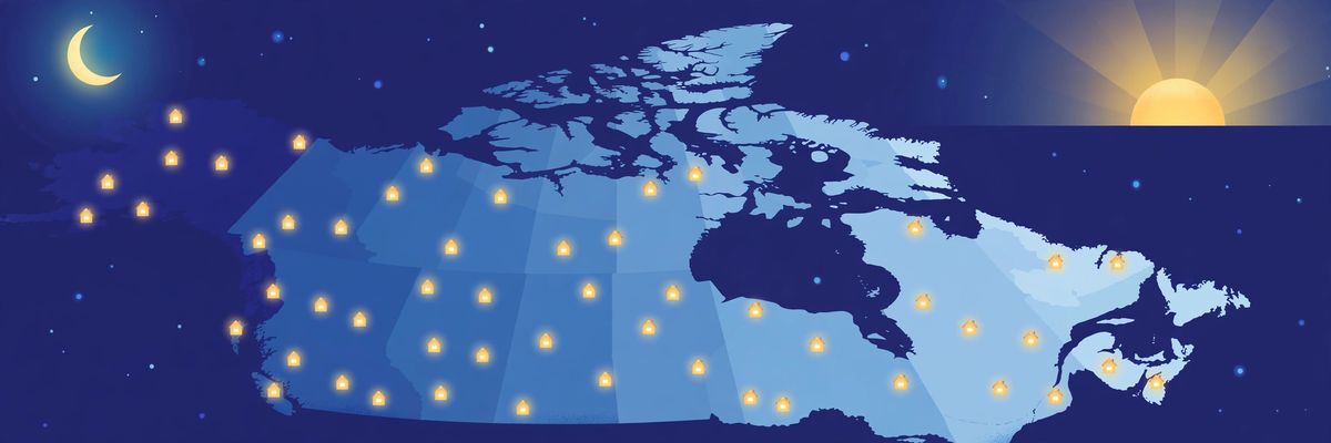 Stylized flat illustration of Canada at night with glowing house icons, a crescent moon over the west and a rising sun over the east