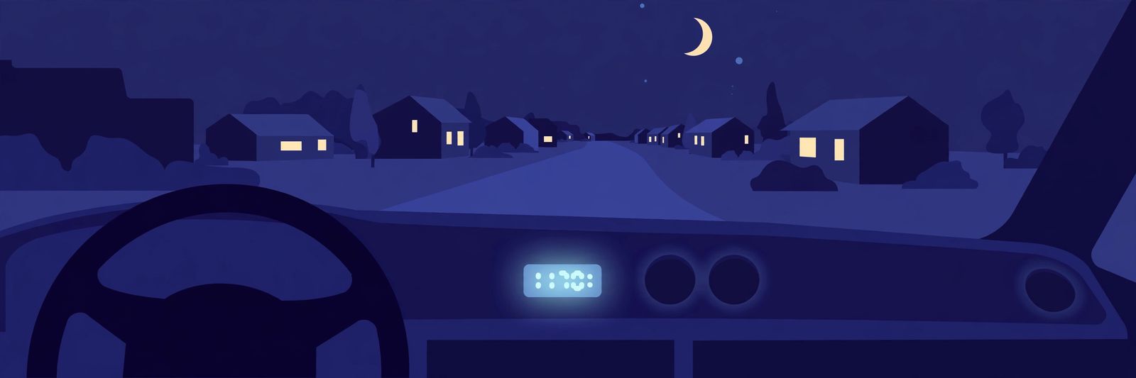 Flat illustration of a car dashboard at night with a small clock display glowing, street and crescent moon through the windshield