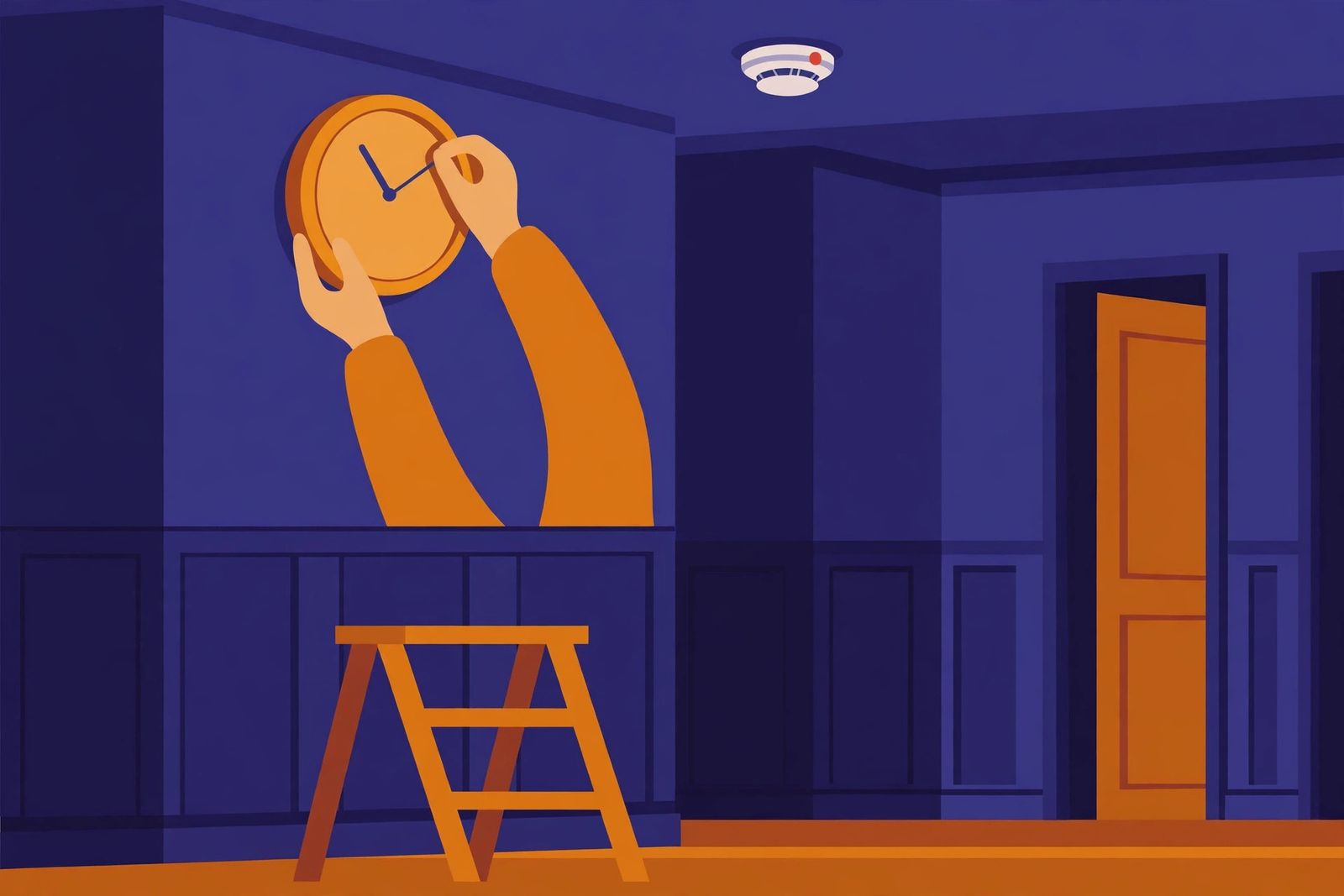 Flat illustration of hands adjusting a wall clock with a smoke detector on the ceiling nearby
