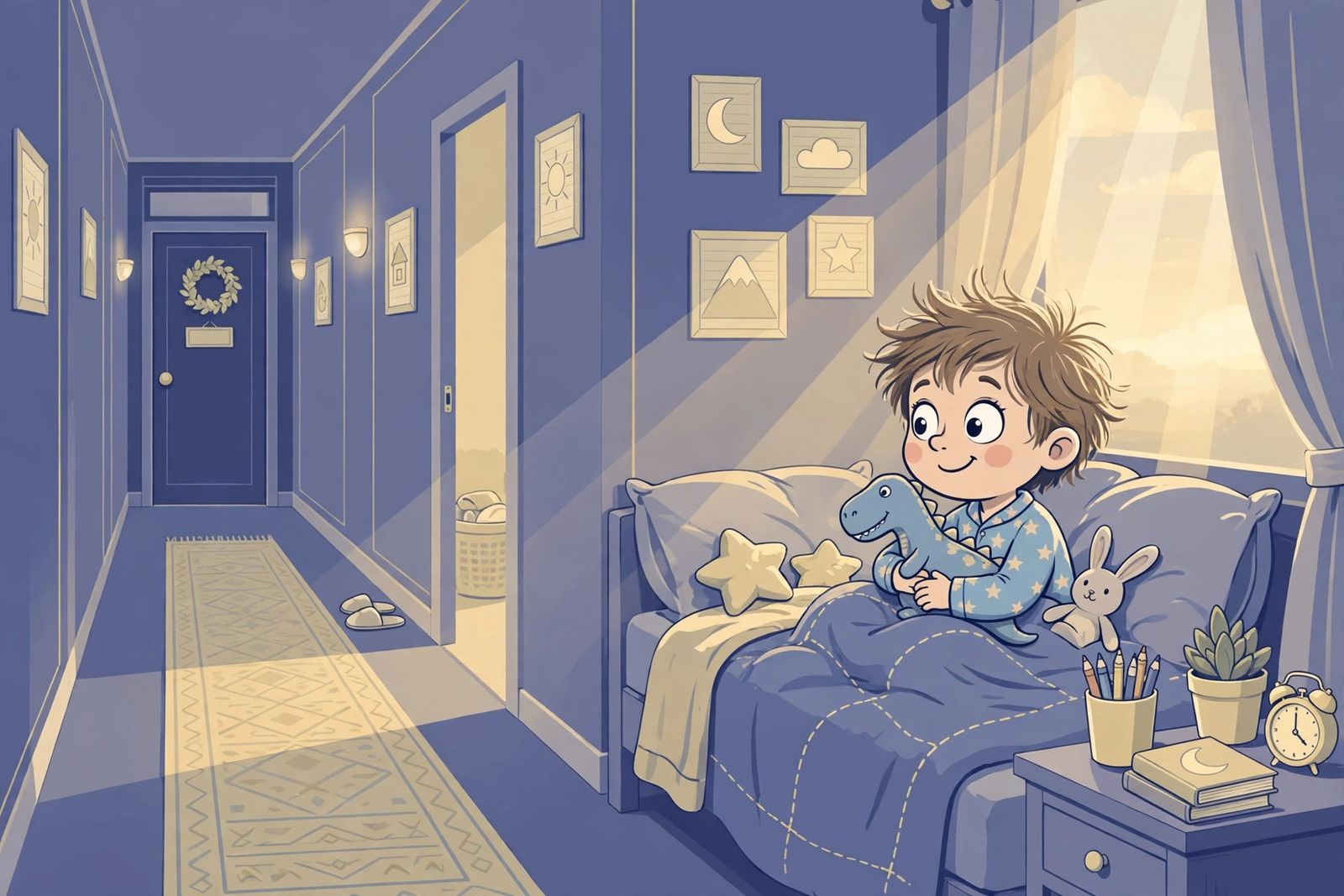 Flat illustration of a young child sitting up in bed wide awake at dawn, pale light coming through the curtains