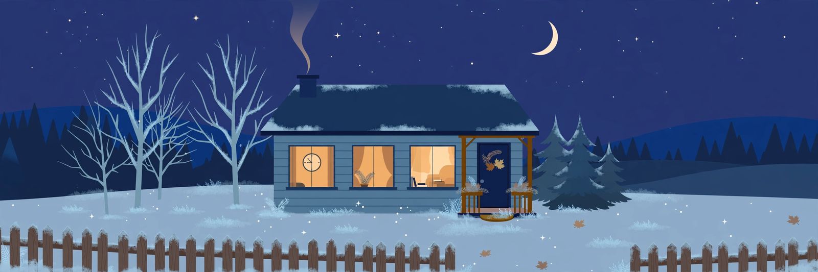 Flat illustration of a cozy Canadian home on a November night, warm light in the windows, a wall clock visible inside, crescent moon and first frost outside