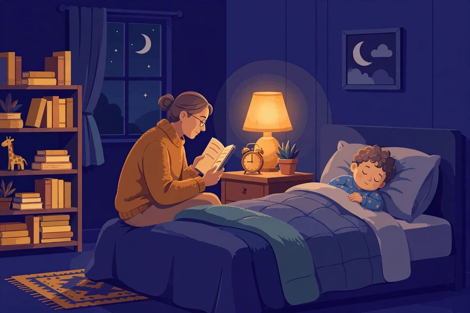 Flat illustration of a parent reading a bedtime story to a child tucked into bed, lamp glowing