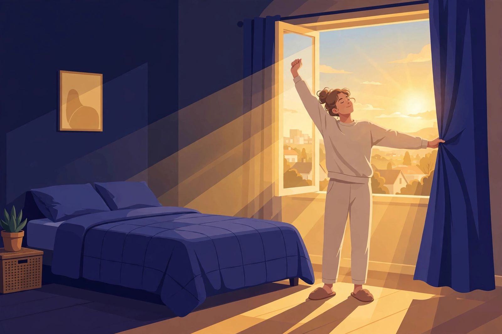 Flat illustration of a person opening curtains to bright morning light