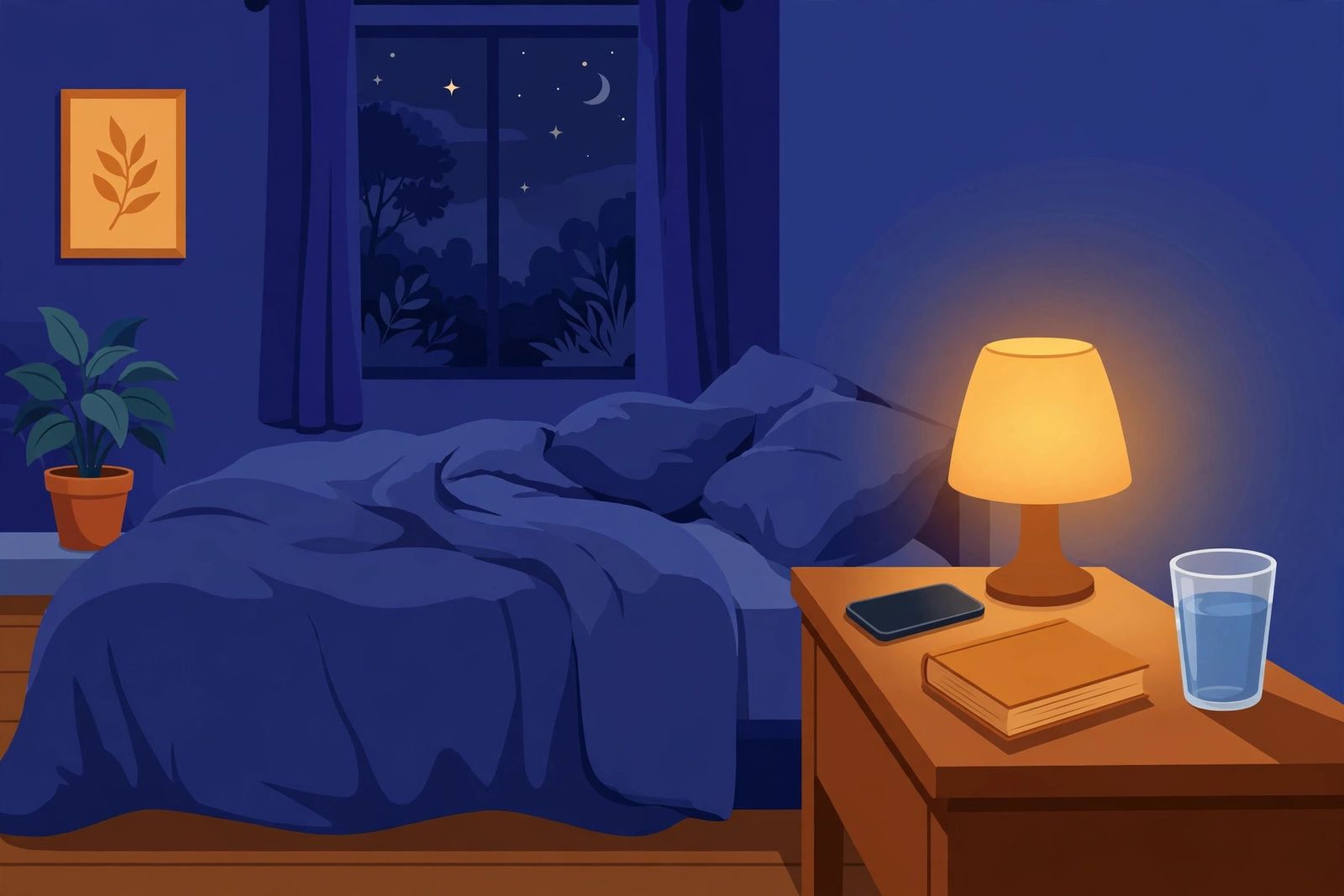 Flat illustration of a calm bedroom at night with a phone face-down on the nightstand beside a book and a glass of water
