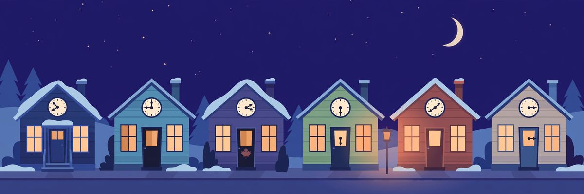 Flat illustration of a row of Canadian houses at night, some with clocks turning back and some with steady clocks