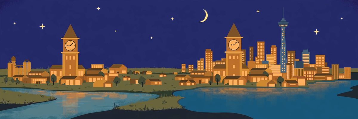 Flat illustration of two Canadian city skylines side by side at night, their clock towers showing the same time