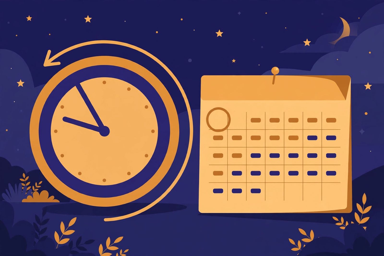 Flat illustration of a wall clock turning backward beside a November calendar page